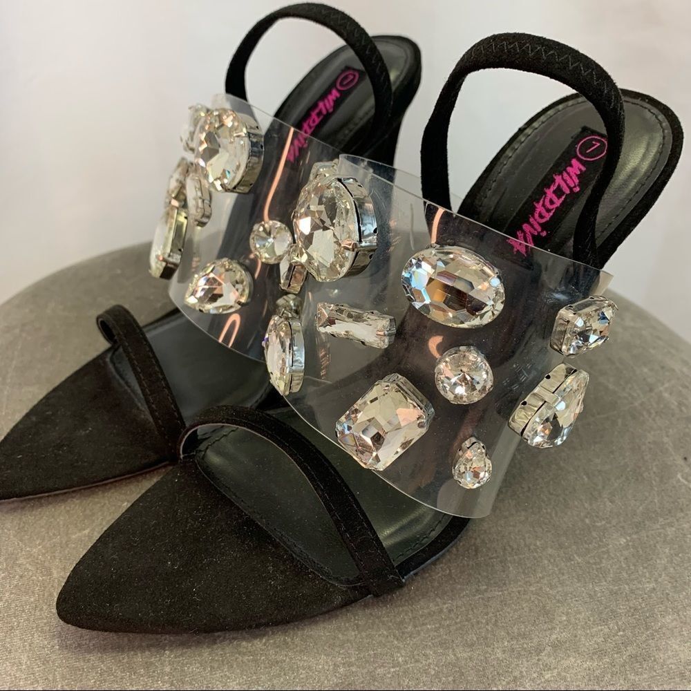 Wild Diva NWOB Black clear plastic Rhinestone Embellished sling back high heel 7 - Picture 4 of 8